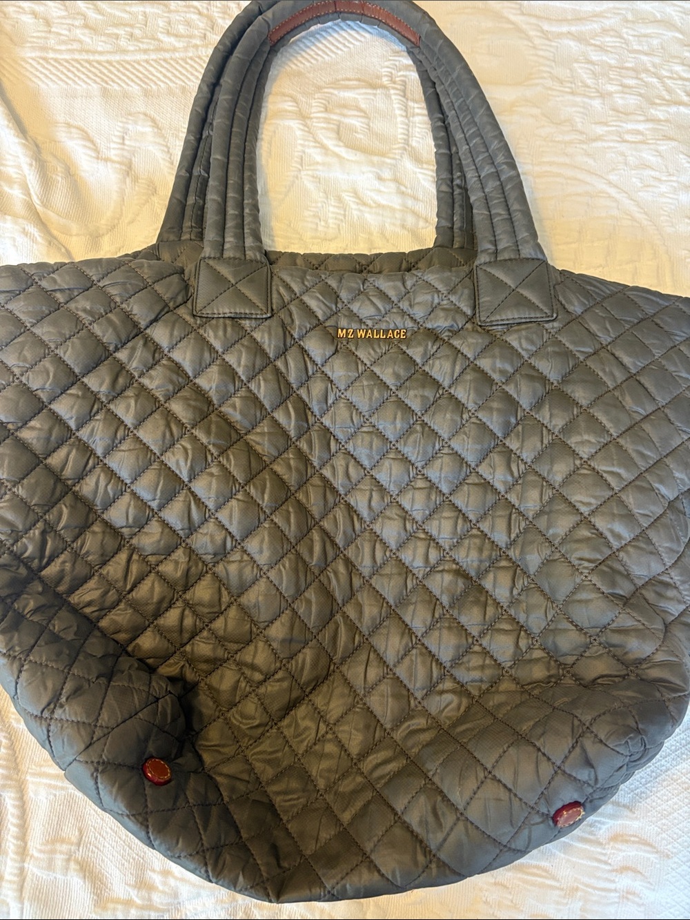 MZ Wallace Quilted Tote in Olive Gray with Tan Trim